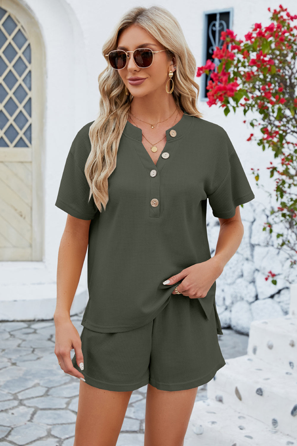 Notched Button Detail Dropped Shoulder Top and Shorts Set