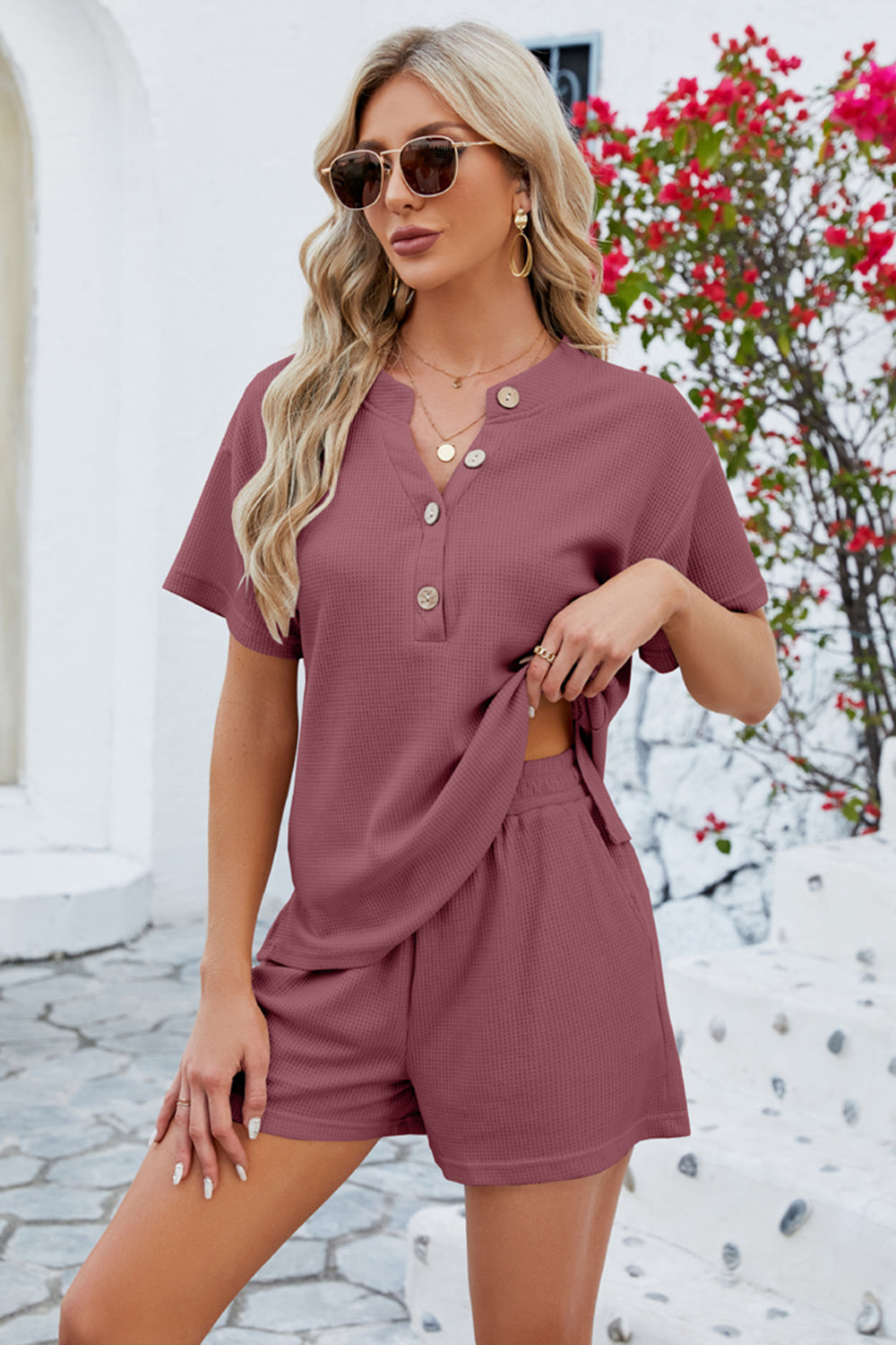 Notched Button Detail Dropped Shoulder Top and Shorts Set