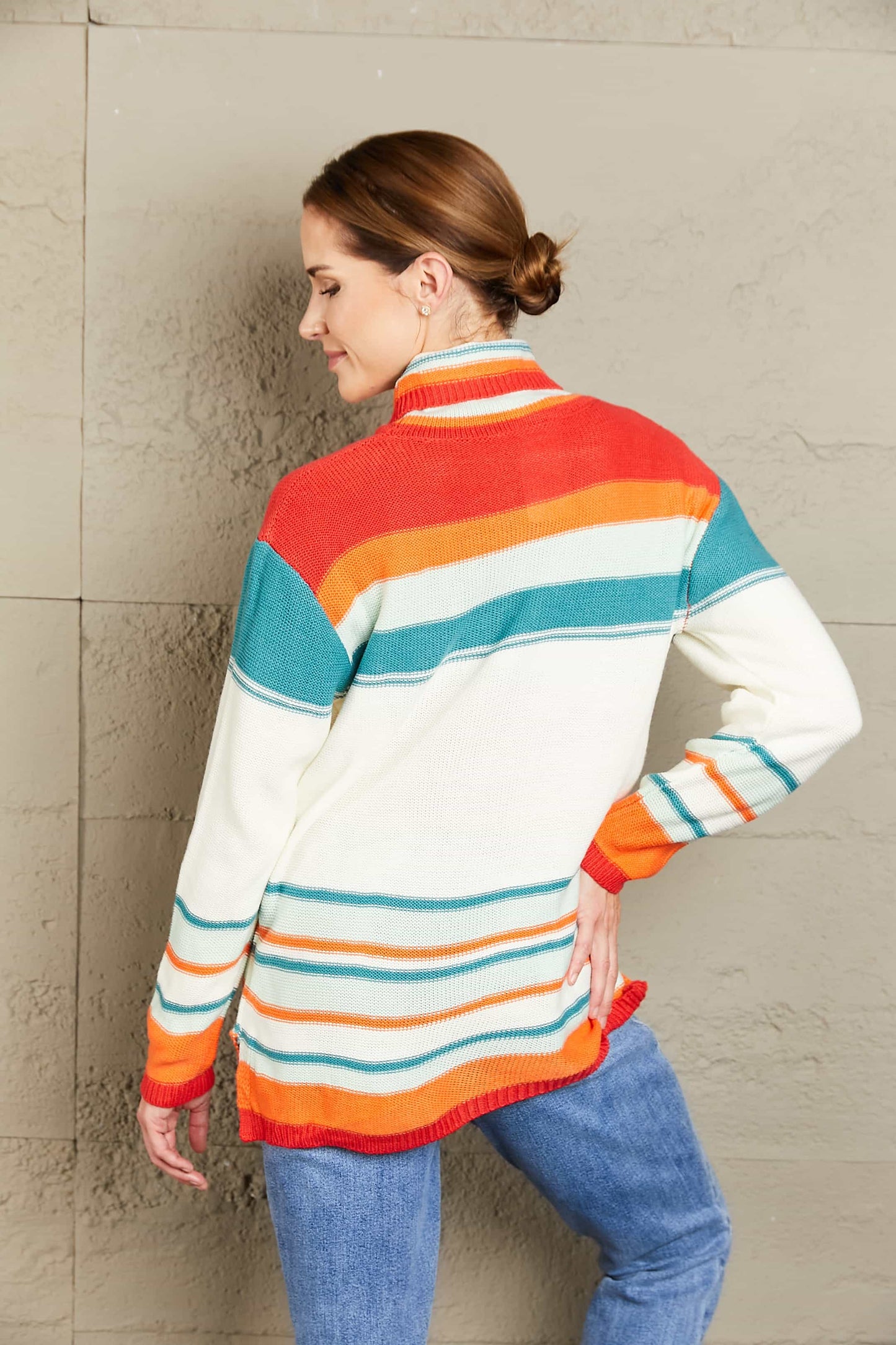 Woven Right Striped Turtleneck Drop Shoulder Sweater